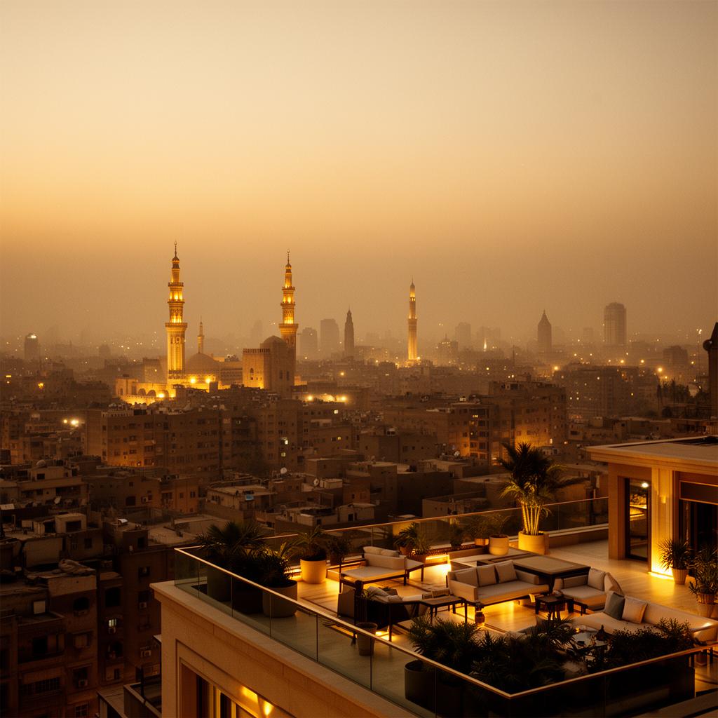 Skyline do Cairo ao entardecer com minaretes iluminados