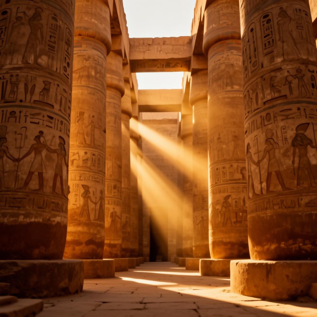 Colunas do Templo de Karnak com hieróglifos iluminadas pelo sol
