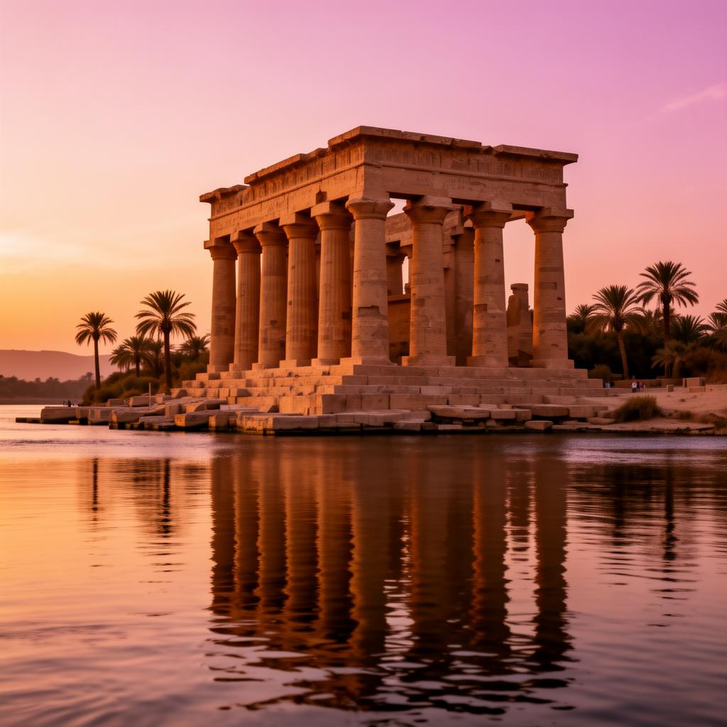 Templo de Ísis na ilha de Philae refletido nas águas do Nilo ao pôr do sol