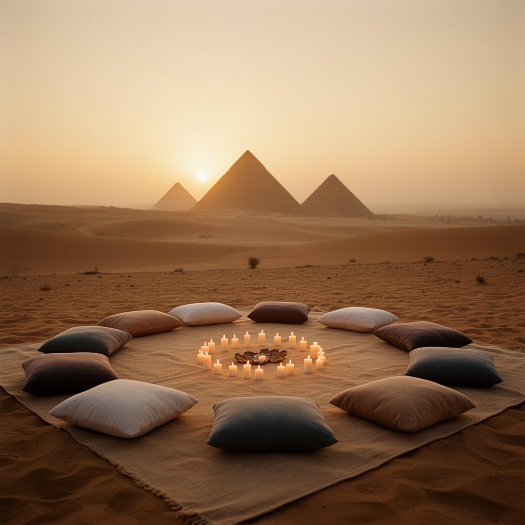 Círculo de almofadas e velas no deserto ao nascer do sol com pirâmides ao fundo