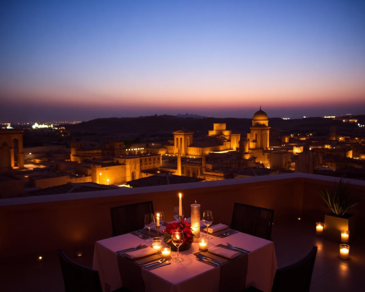 Jantar à luz de velas com vista para ruínas