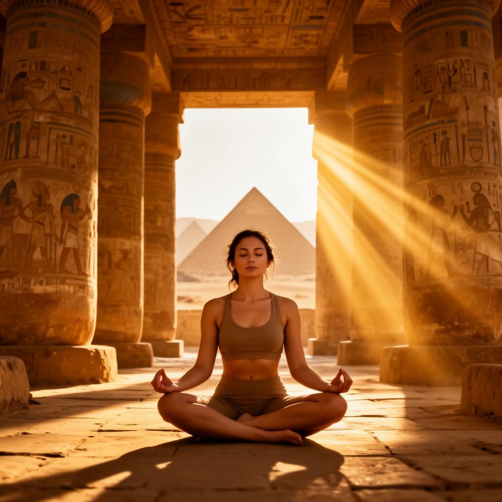 Mulher meditando em templo egípcio
