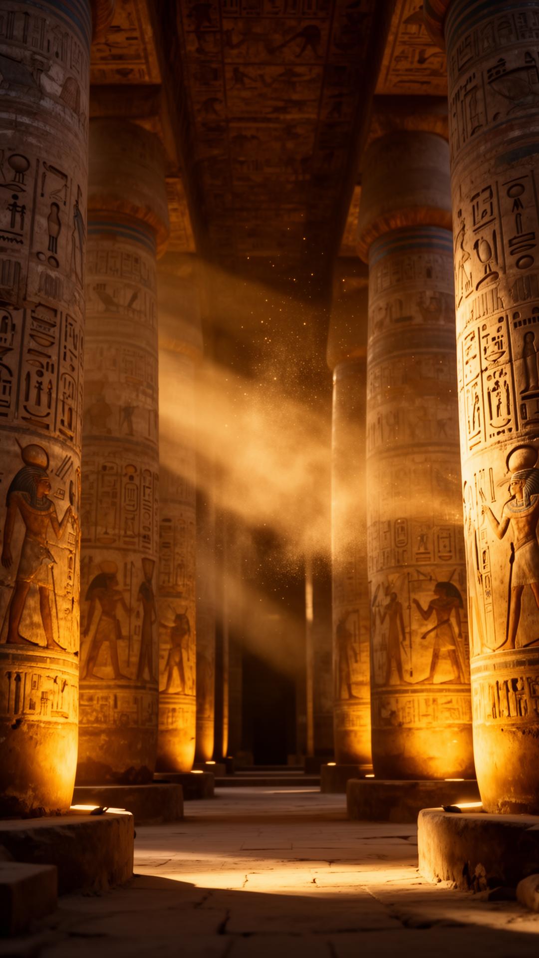 Templo egípcio iluminado por luz dourada entre colunas com hieróglifos